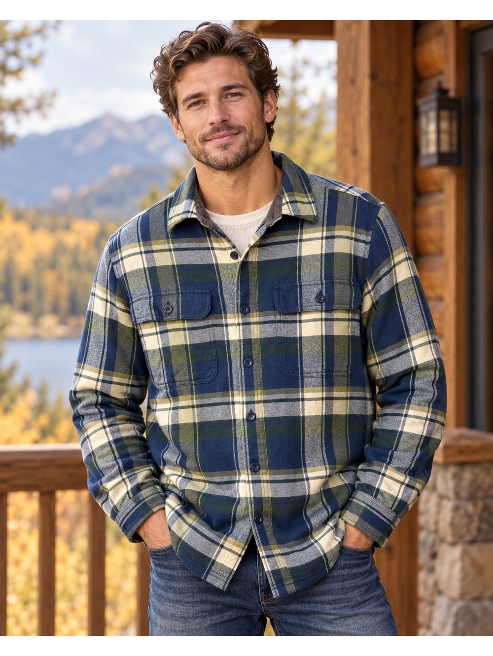 L.L.Bean Men’s M Fleece-Lined Flannel Shirt Jacket Blue Green Plaid 298189